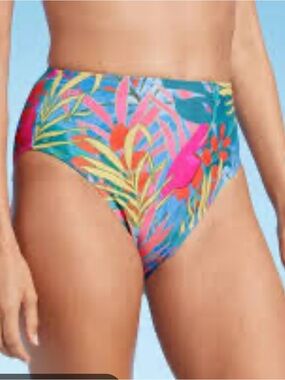 Kona Sol Bright Blue Tropical High-Waist Bikini Bottoms